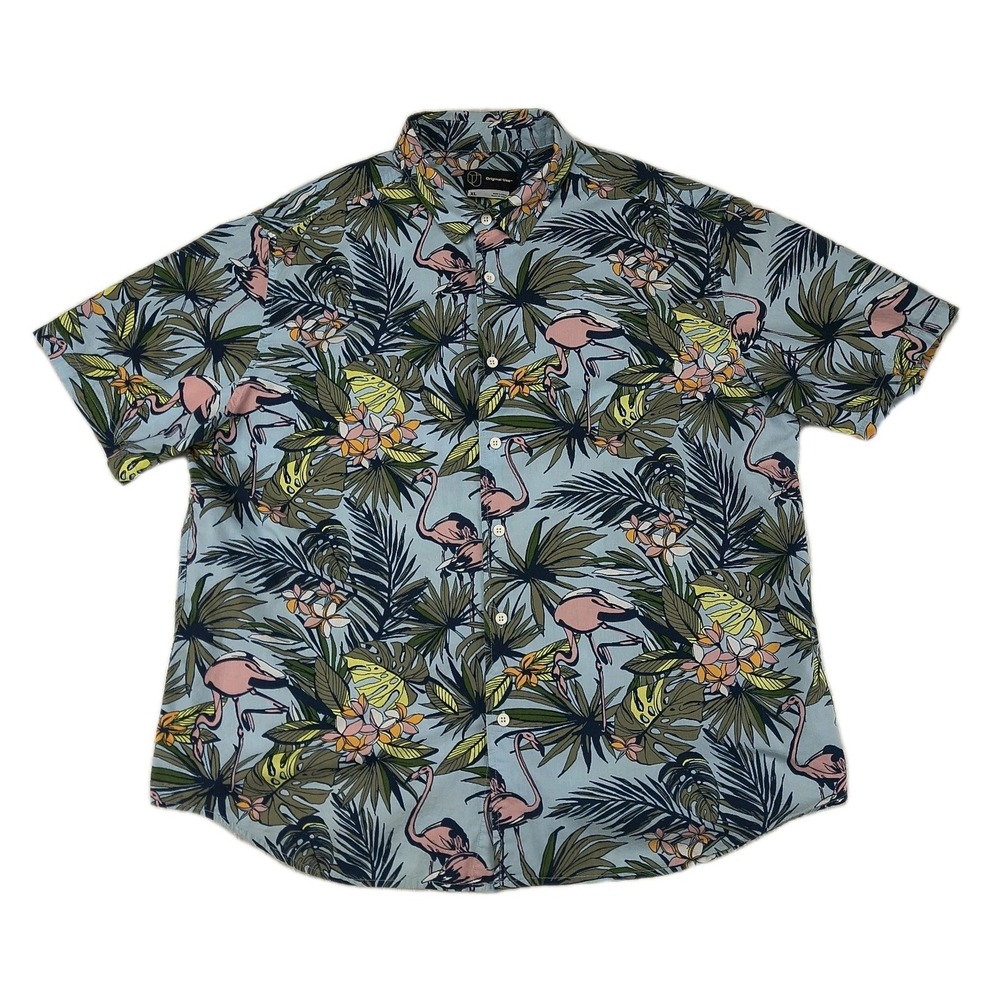 Original Use Mens XL Flamingo Tropical Floral Button‎ Hawaiian Shirt Blue Cotton